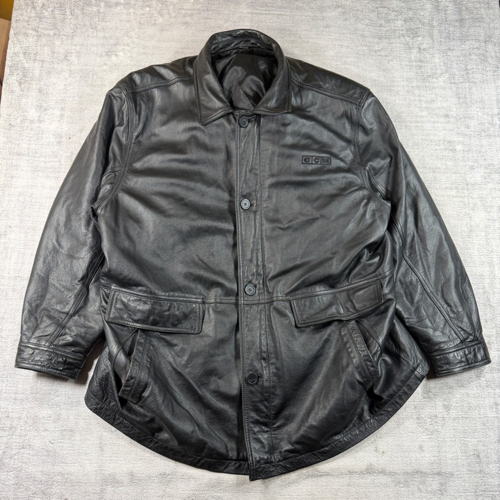 Vintage CCM Leather Jacket Mens 3XL Black Button Zip Car Coat Field 90s